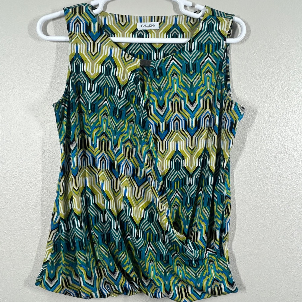 Calvin Klein Womens Blue Green Geometric Chevron Faux Wrap Sleeveless Blouse L